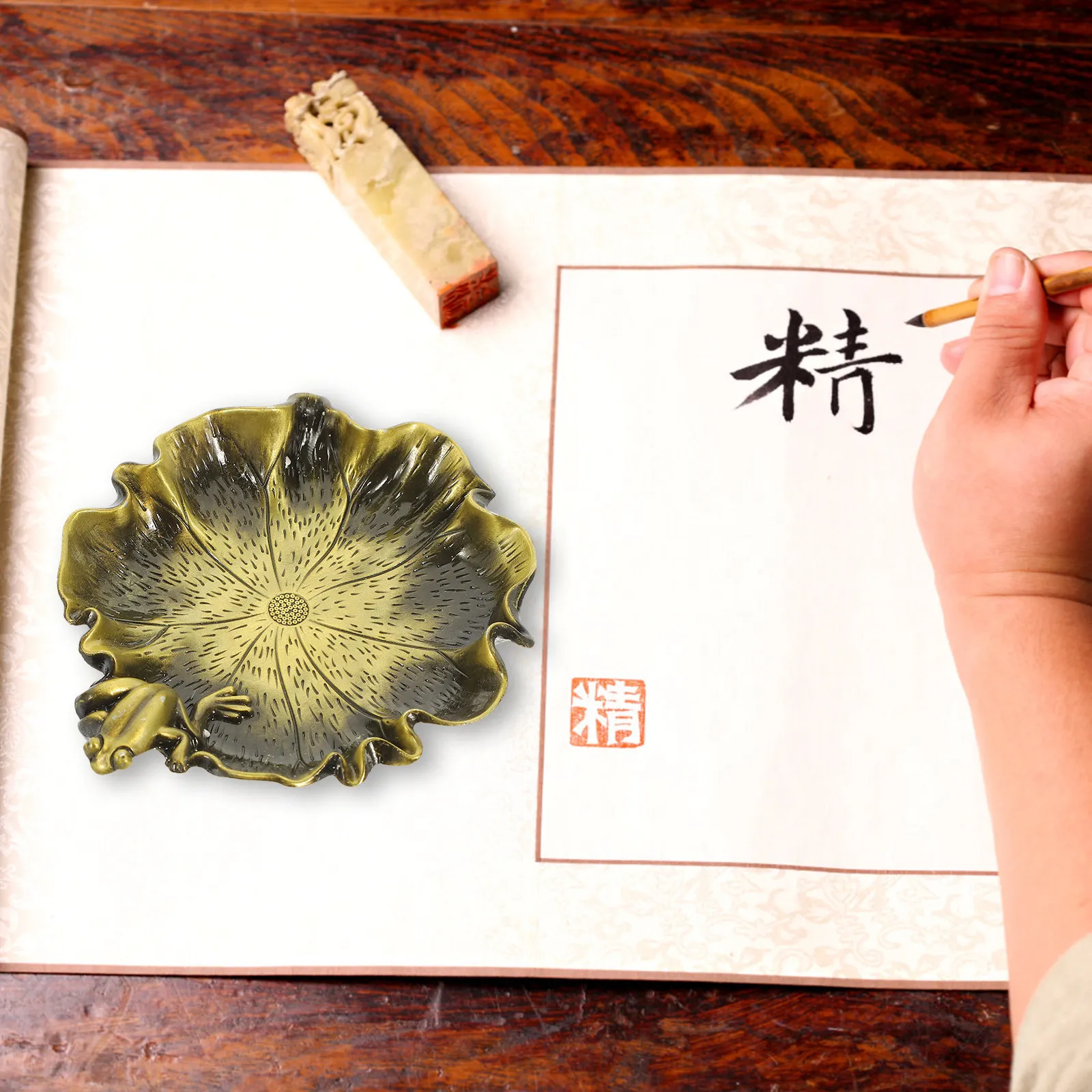 장 잉크 접시 개구리 모양 금속 서예 잉크 접시 레트로 스타일 휴대용 연꽃 모양 잉크통 붓꽂이 데스크탑 중국풍