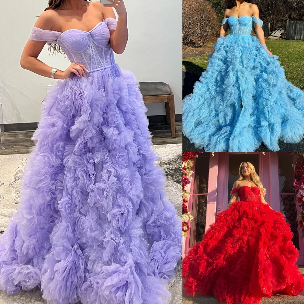 Shimmer Ruffled Tulle Prom Dress 2 K23 Corsetto Corpetto Pageant Ball Gown High Fessura Formale Evening Party Runway Gala Quince Lilla