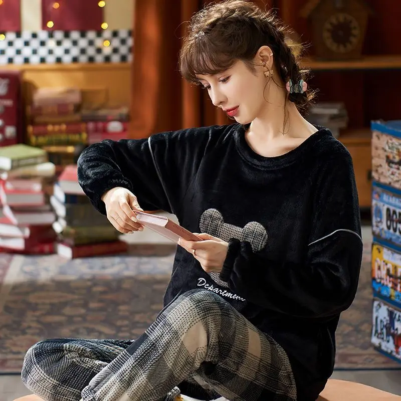 Coral Fleece Sleepwear Women Winter Warm Pajamas Sets Kawaii Clothes Long Sleeve Pullover Pant Loungewear Loose Nightwear Korean
