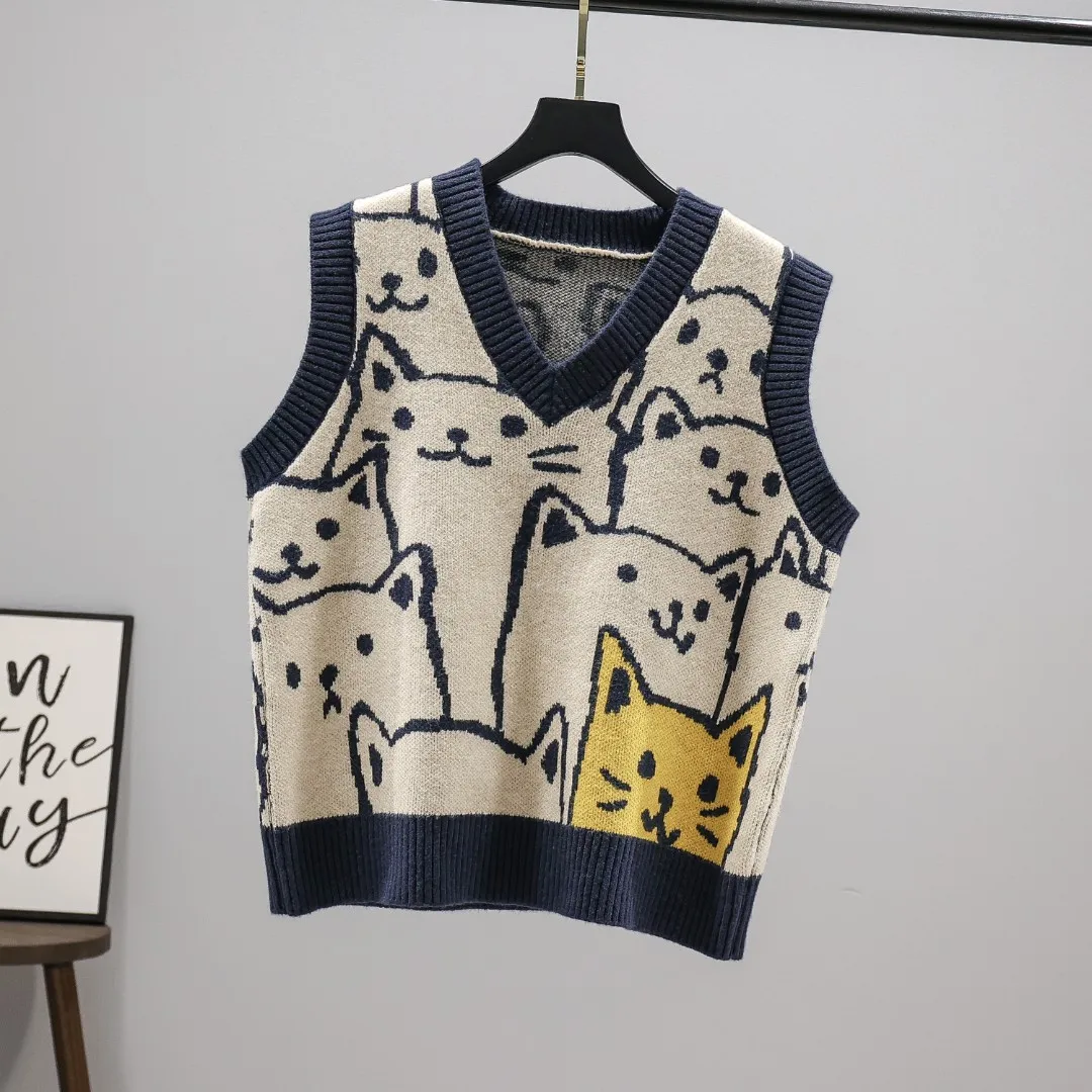

2021 New Early Autumn Women's V-neck Knitted Vest Clip Color Kitten Graphic with Retro Top Wool Vest Kawaii Cute Sweater Vest