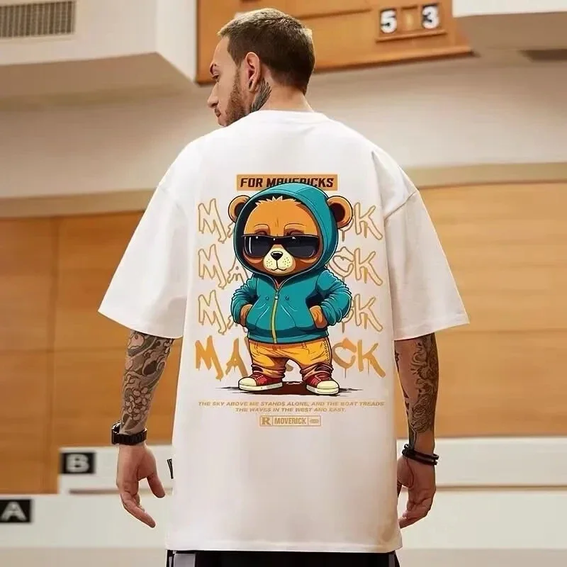 

Fashion Bear Pattern Printed Men's Cotton T Shirt Round Neck Loose Tops Breathable Comfortable Casual Oversized Women Clothing