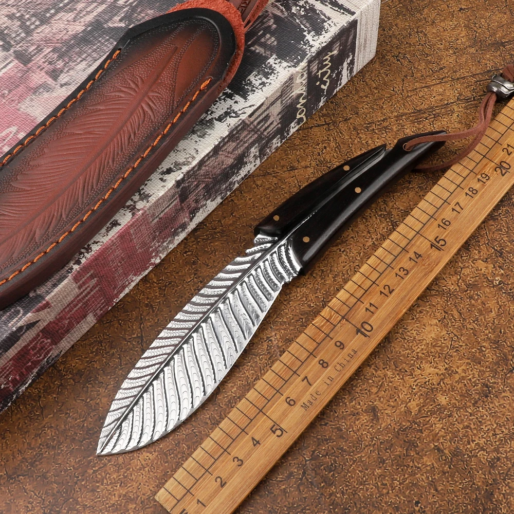 Feather Damascus 8cr15mov Blade Wooden Handle Fixed Straight Knife Folding Tactical Outdoor