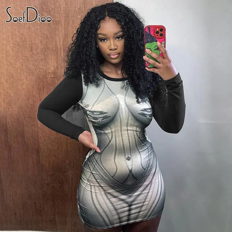 

Женское облегающее мини-платье Soefdioo, Осеннее Привлекательное платье с длинным рукавом, круглым вырезом и 3D-принтом, 2023