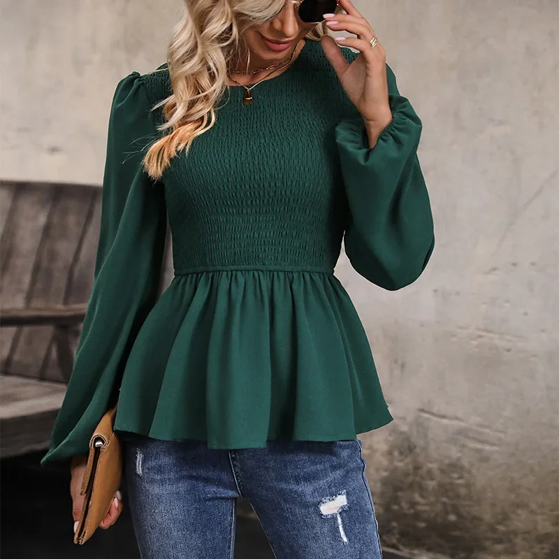 Women's Long Sleeved Splicing Tops Dark Green Pullover Round Neck Shirt Commuter Style Fashion Fall Elegant