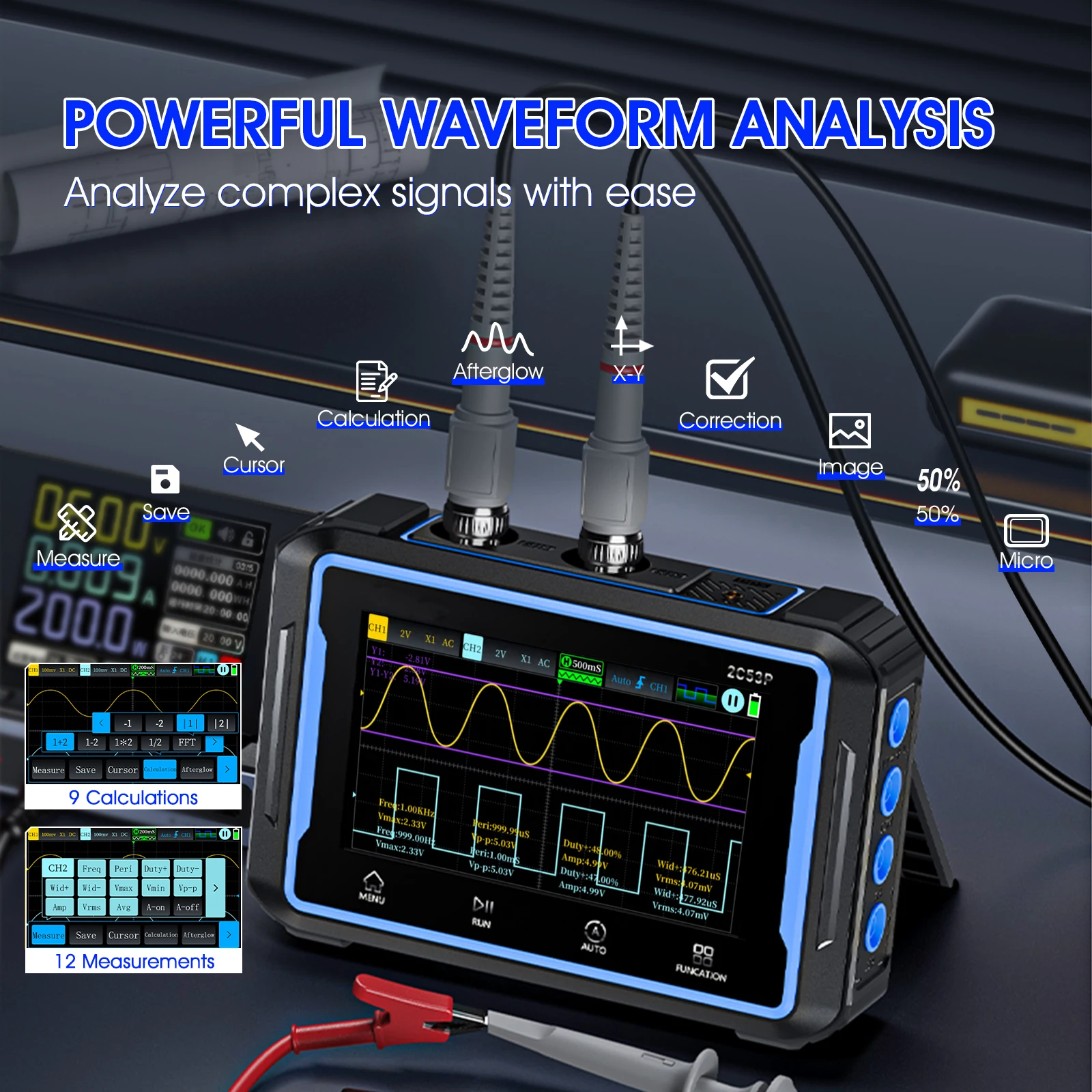 Handheld 2C53P Touch Screen Digital Oscilloscope+Multimeter+Signal Generator 3IN1 Dual Channel 50MHZ Automatic Osciloscópio Tool 2