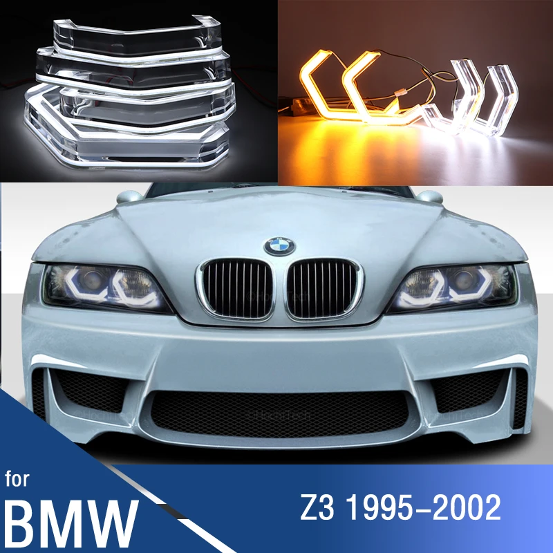 

for BMW Z3 E36 E37 E38 roadster coupe 1995-2002 White M4 Style LED Crystal Angel Eye Kit Day Light with Yellow Turn Signal