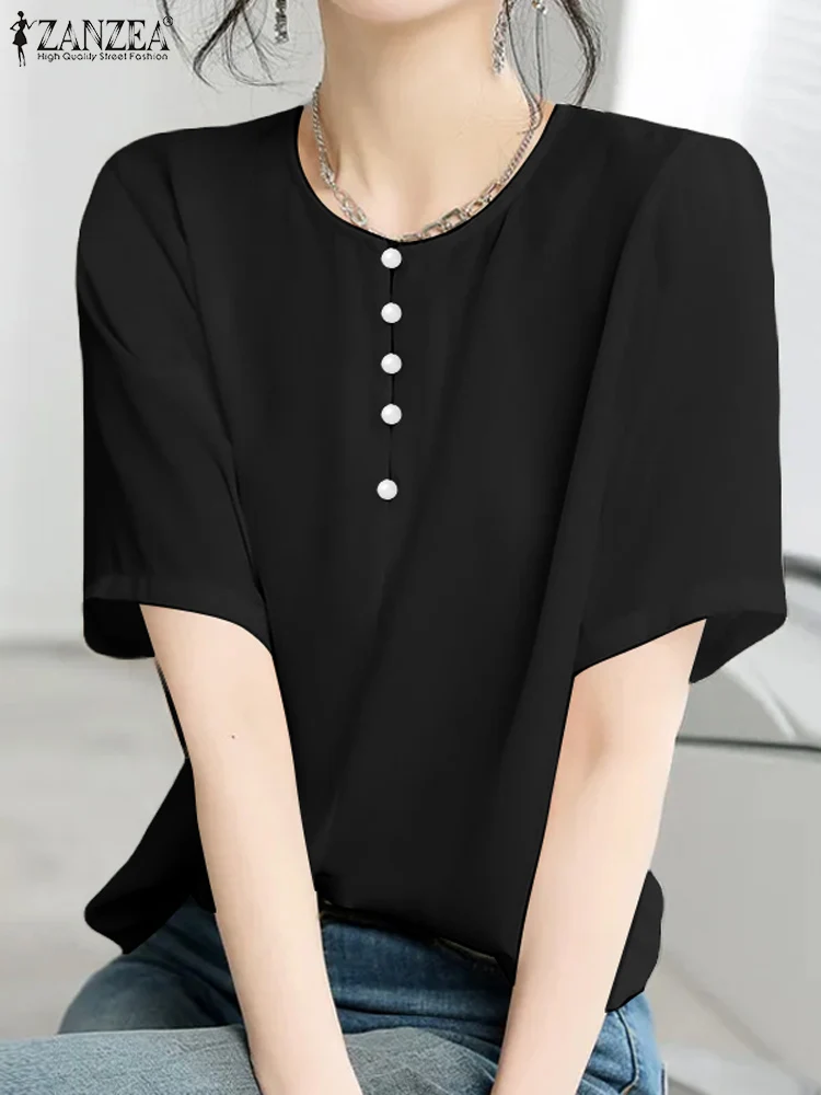 

ZANZEA Women Short Sleeve Shirt Elegant Office Chiffon Blouse 2024 Summer Round Neck Buttons Tops Korean Solid Color Tunic Blusa