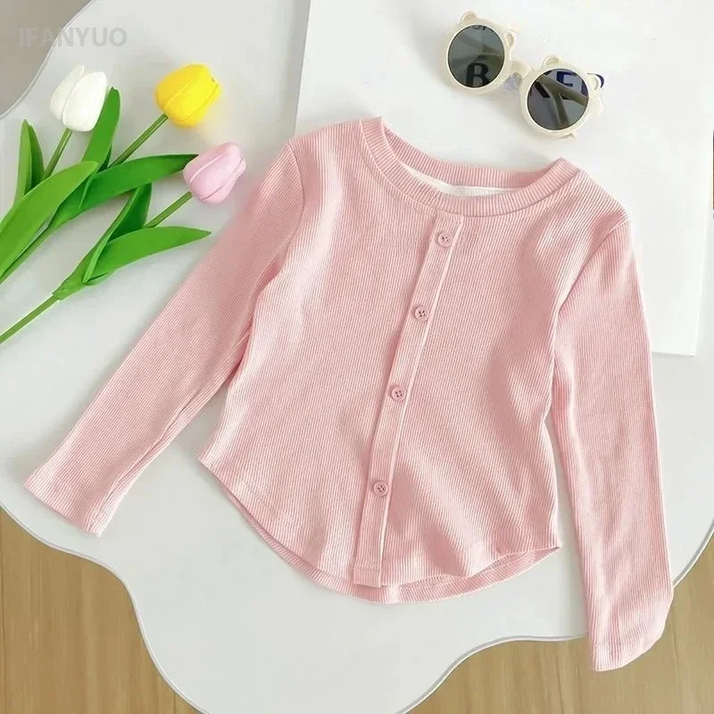 1-12세 아동 니트 소프트 셔츠 가을 신상 아동용 긴팔 티셔츠 단색  소녀 슬림 핏 탑 소녀 기본 탑