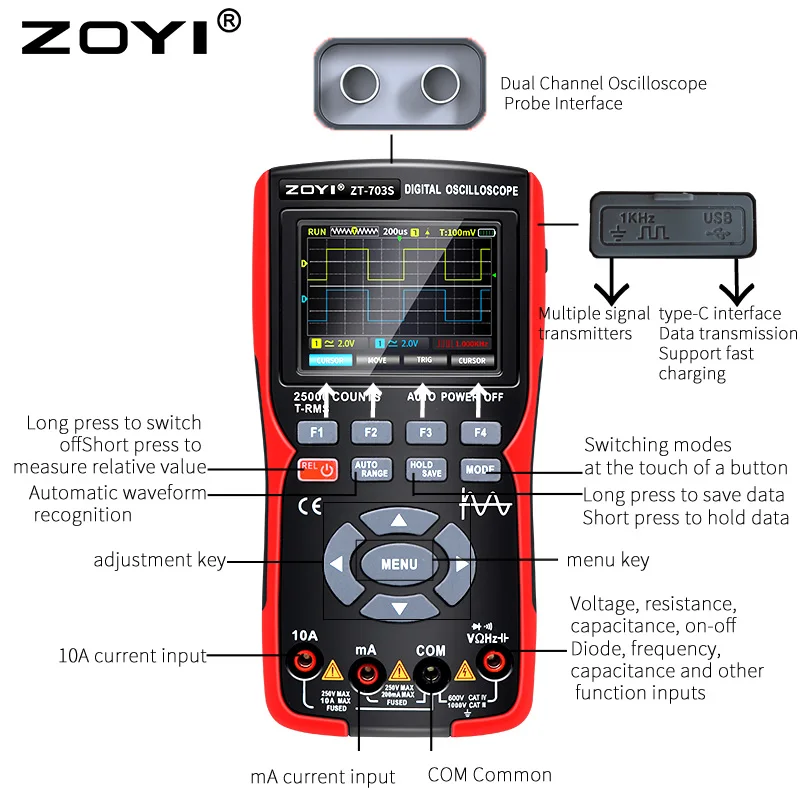 ZOYI ZT703S 3in1 Digital Multimeter 50MHz Bandwidth 280MS Rate PC Waveform Data Storage Dual Oscilloscope Signal Generator 6