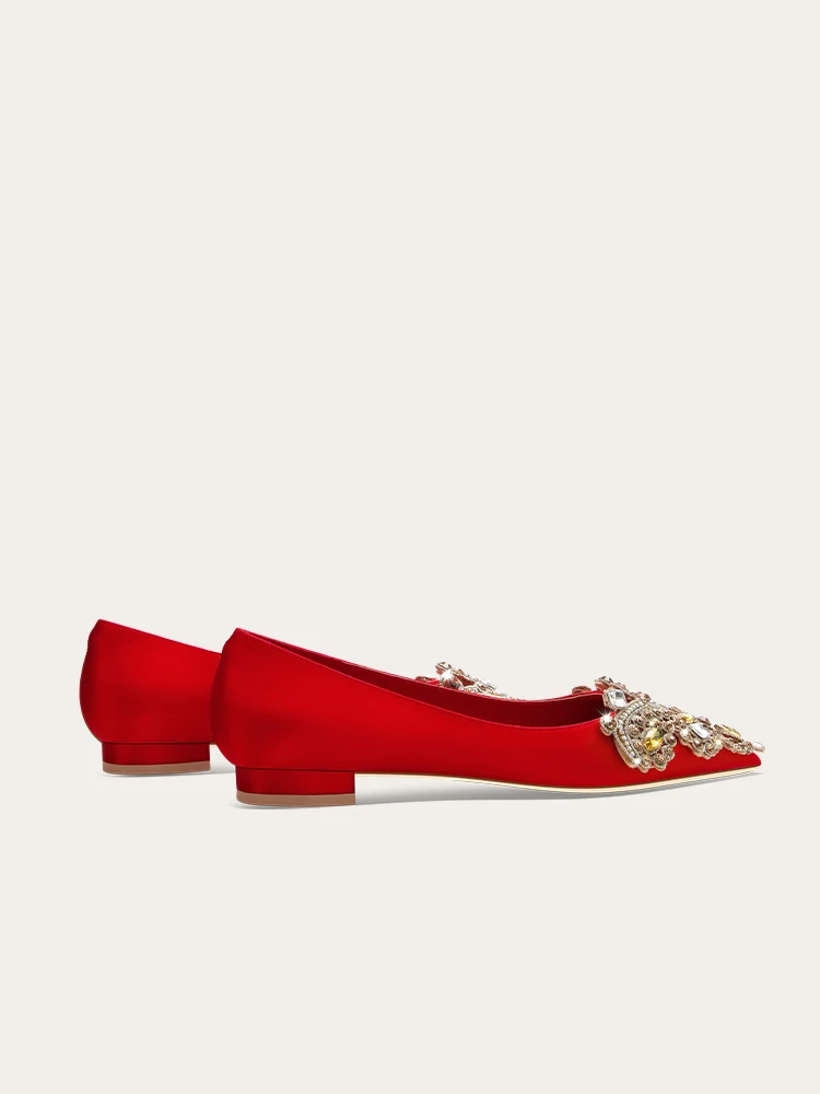 Spring and Autumn New Women's Flat Heel Satin Red Water Diamond Chinese Wedding Women's Shoes 5