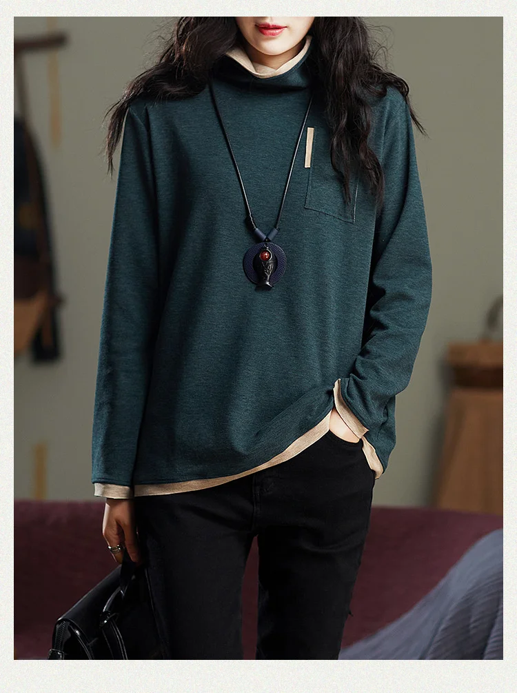 Amax luluE 2025 Turtleneck Loose Long Sleeve Tee Shirt Women Casual Green Tops Female Clothes Solid Color Basic Winter T-shirts