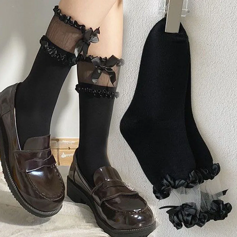 

Кружевные носки JK Harajuku с оборками, женские милые хлопковые носки средней длины в стиле "Лолита", милая Лолита, уличная одежда черного и белого цветов