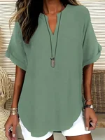 Plus Size 1XL-5XL New Women's Fashion Solid Color Notched Top Ladies Casual Short Sleeve Comfort V-Neck Blouse Shirt Tops - Image 4
