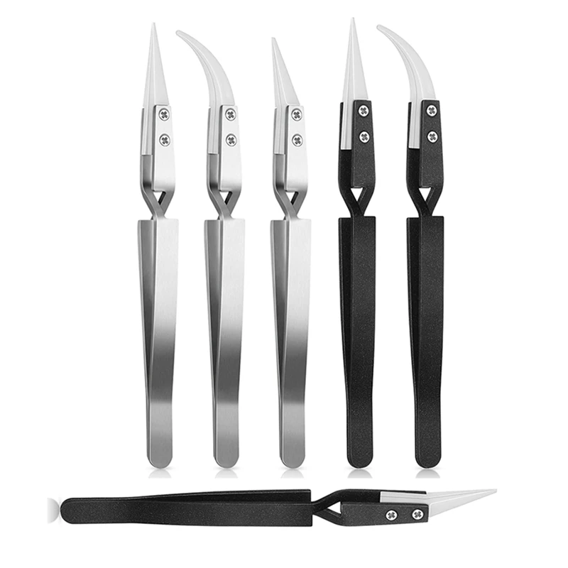 6Pcs Precision Reverse Tweezers Pointed Curved Tips Tweezer Set Non Conductive, Anti Magnetic Soldering Tweezers