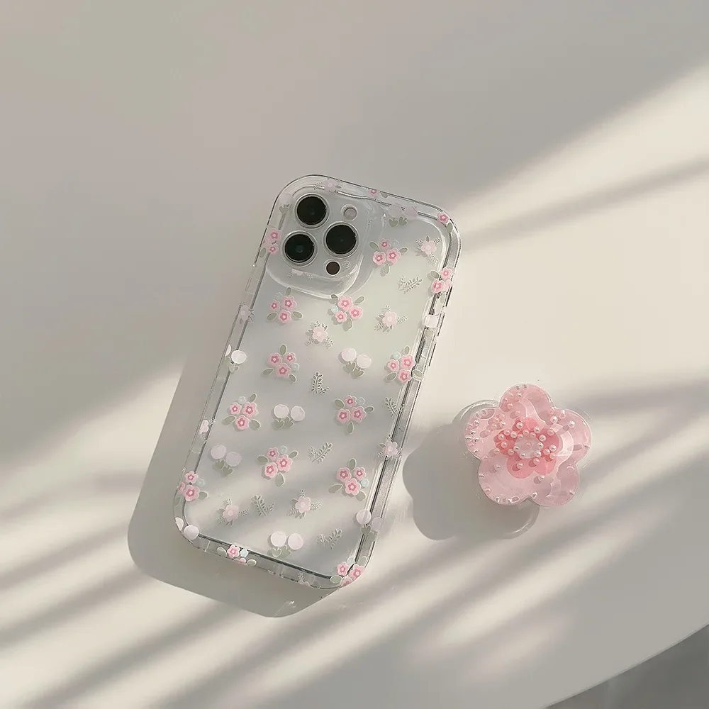 Pink sakura romantic flowers transparent Bracket shell Phone Case For  iPhone 15 14 13 12 11 Pro Max 14Plus Case Cute Sweet Cover