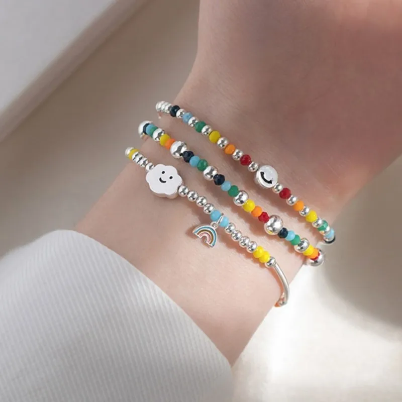 Rainbow Bear Love Beaded Pendants Bracelet for Women Y2K Elegant Trendy Handmade Bead Chain Party Jewelry Gifts