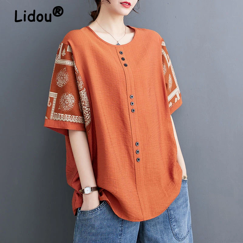 Women's Clothing Retro Print Simple Casual Oversized Cotton Linen Blouses Summer Trendy O Neck Short Sleeve Street Shirts Blusa