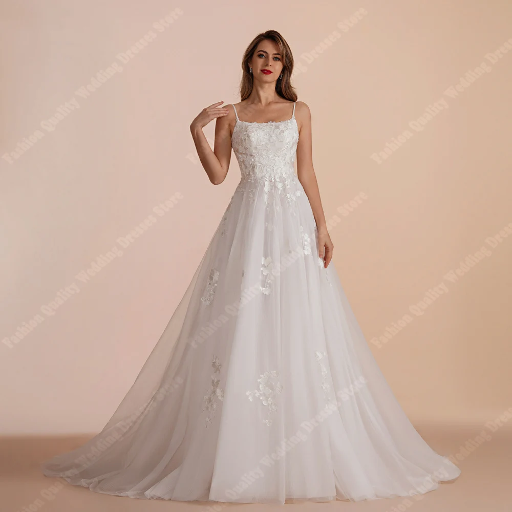 New Spaghetti Straps Lady Wedding Gowns Backless Applique A-Line Fluffy Sheer Tulle Bride Dress Plus Size Women Vestido De Novia sexy plus size mermaid wedding dresses 2019 spaghetti straps crystals beaded white tulle african vestido de novia bridal gowns