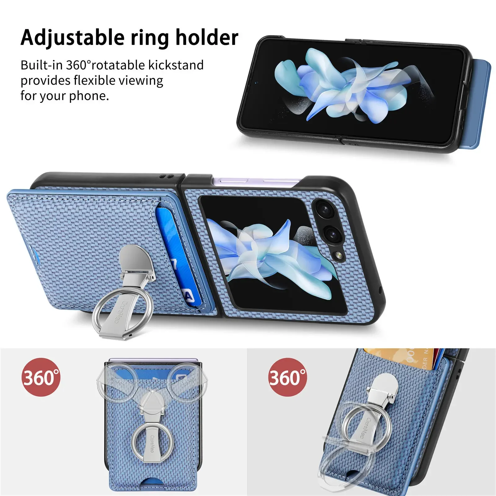 링 카드홀더 지갑 플립 폰 케이스, 삼성 갤럭시 Z 플립 6 5 4 3 2 Flip6 Flip5 Flip4 Flip3 Flip2 5G PU 가죽 커버