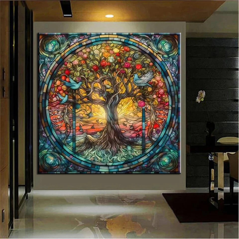 Yggdrasil Stained Glass 5D Diy Diamond Painting Mosaic Tree of Life Abstract Vibrant Diamond Embroidery Cross Stitch Art A867