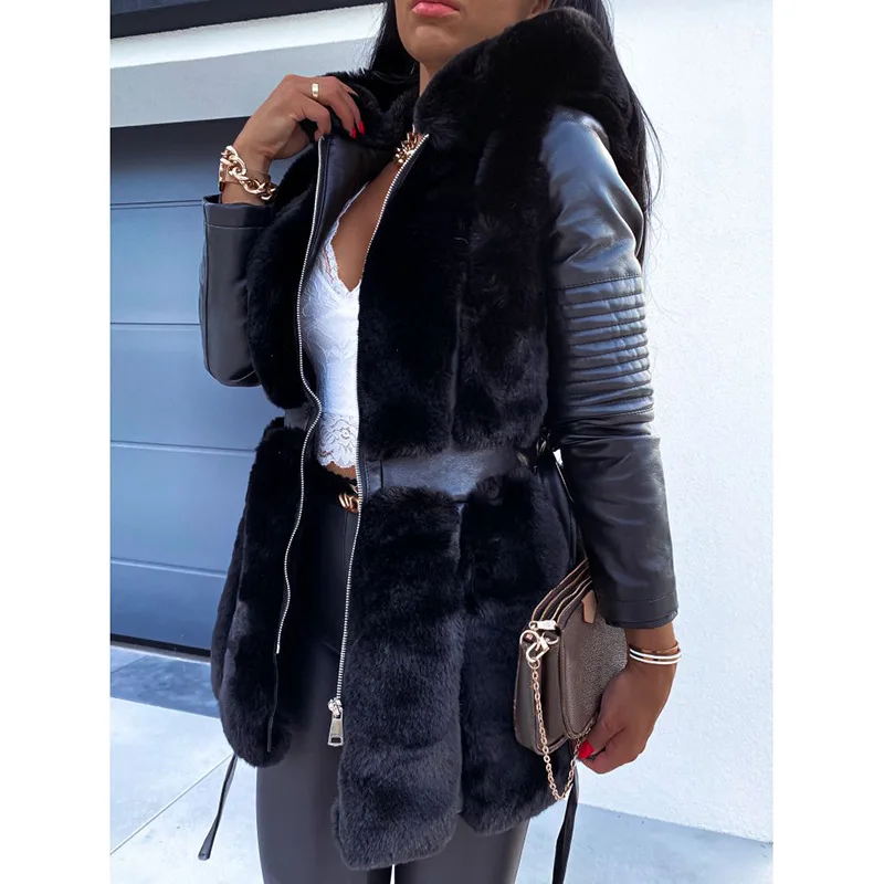 2023 Winter New Women Temperament Hooded Faux Fur Coat Fashion Patchwork Leather Large Size with Belt Solid Color Zipper Jacket