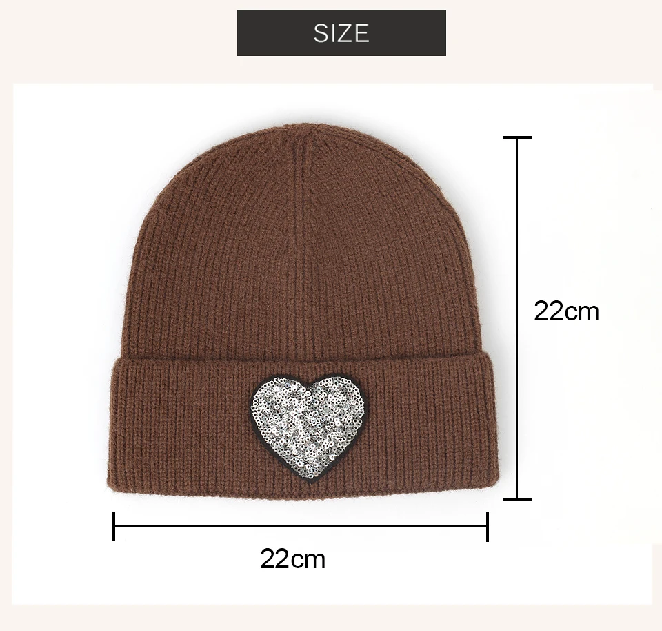 Mode Pailletten Herz gestrickt Winter Mütze für Frauen solide Herbst warm lässig Schädel Mützen weibliche weiche dicke gerollte Hüte – Detail 5