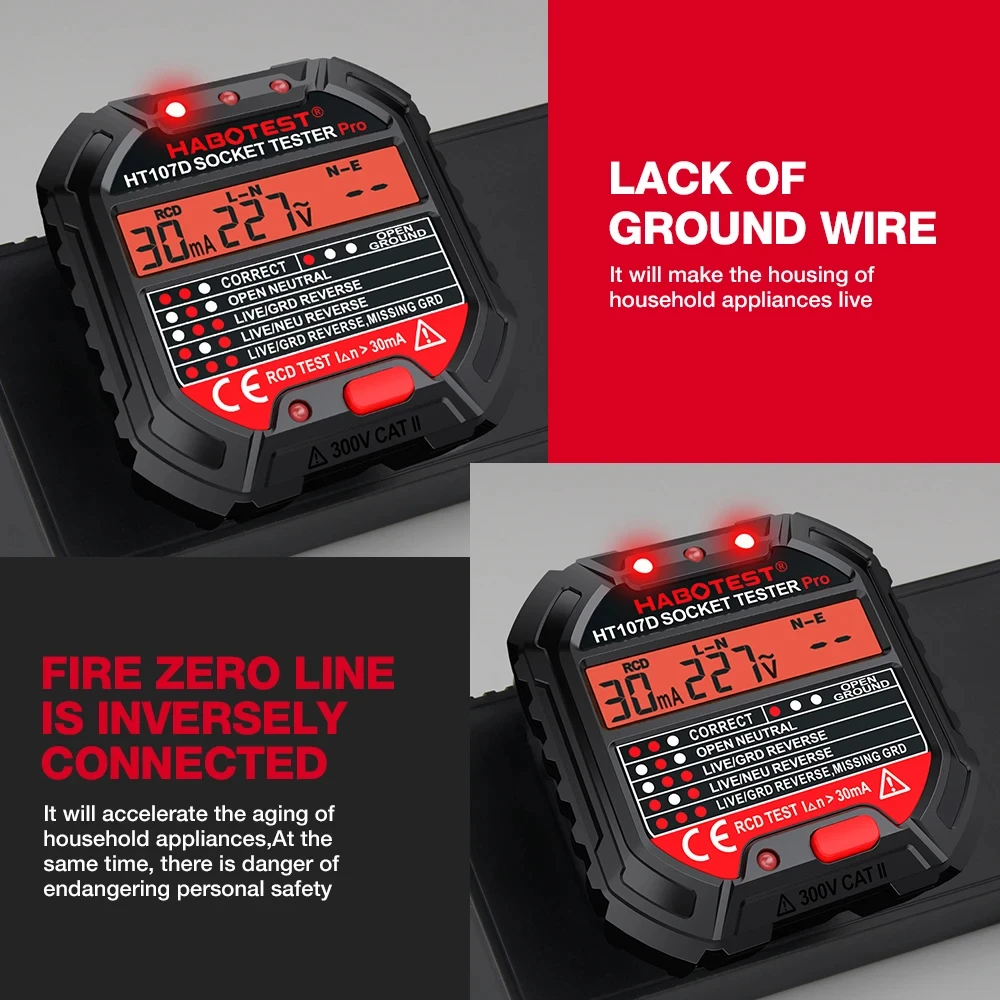 Description Picture 4 of itemHABOTEST HT107 Socket Tester EU UK US Plug Digital Outlet Socket Detector 5/30mA 250V Voltage Meters RCD Polarity Phase Check