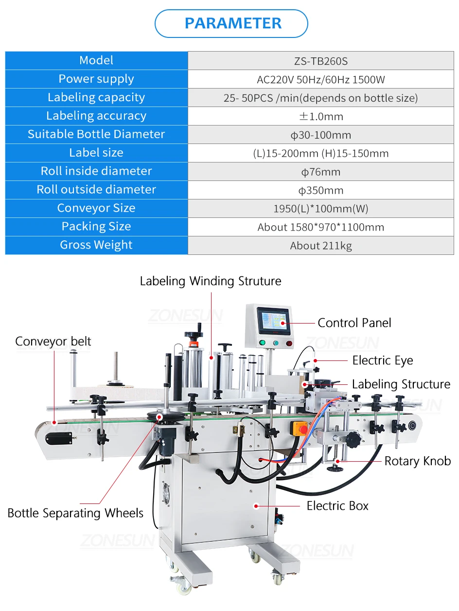 ZONESUN Automatic Labeling Machine Round Glass Plastic Bottle Jar Vial Production ZS-TB260S