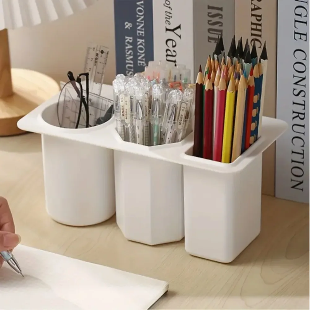 Plastic Desk Organizer 3-Compartment Stick-On Storage Box Large Capacity for Makeup Brushes Lipsticks Pens Office School Use