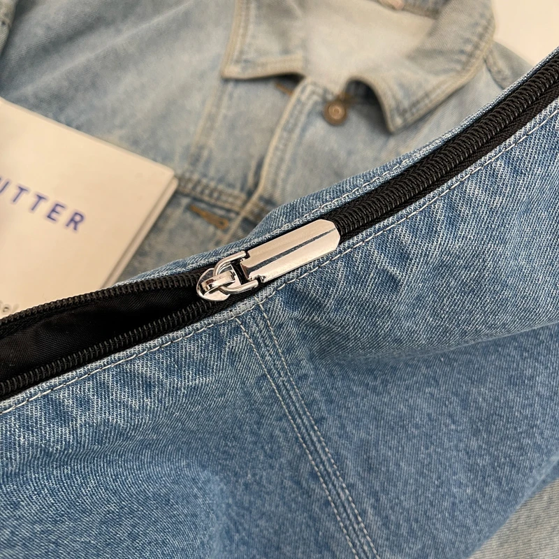 Women's minimalist and fashionable casual denim shoulder bag, zippered shopping bag, crossbody women's bag