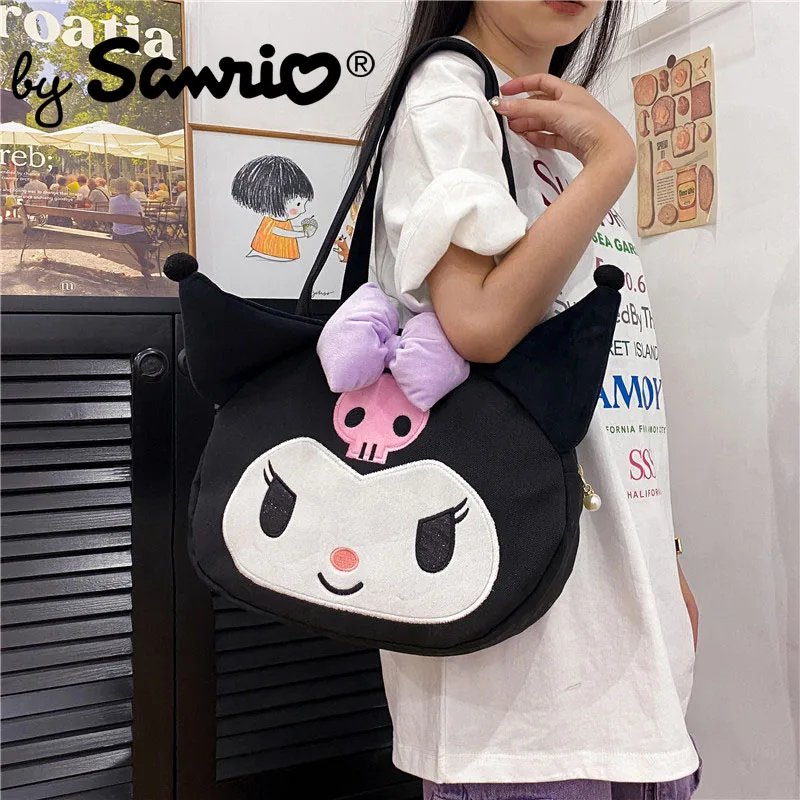 

2023 New Sanrio Kuromi Cartoon Backpack Canvas Handbag Shoulder Bags Large Capacity Bow Ins Anime Kawaii Cute Handbags for Women
