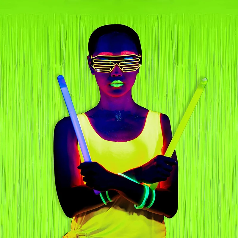 Glow Party Neon Foil Fringe Curtain Backdrop Happy Birthday Paper Banner Garland UV Black Light Glow in the Dark Decoration