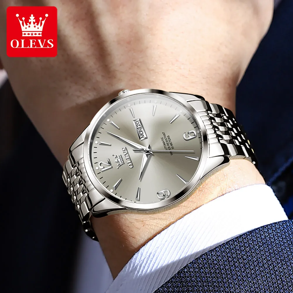 OLEVS 9928 Watch For Men Fashion Number Scale Dual Calendar Automatic Wristwatch Top Brand Waterproof Man Mechanical Watches
