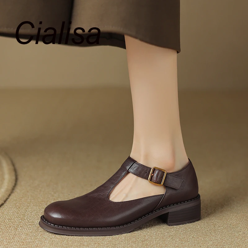 

Cialisa Women Shoes 2023 Fashion Round Toe Genuine Leather Dress Pumps Daily Mid Heels Handmade Ladies Shoes Brown Black Size 42