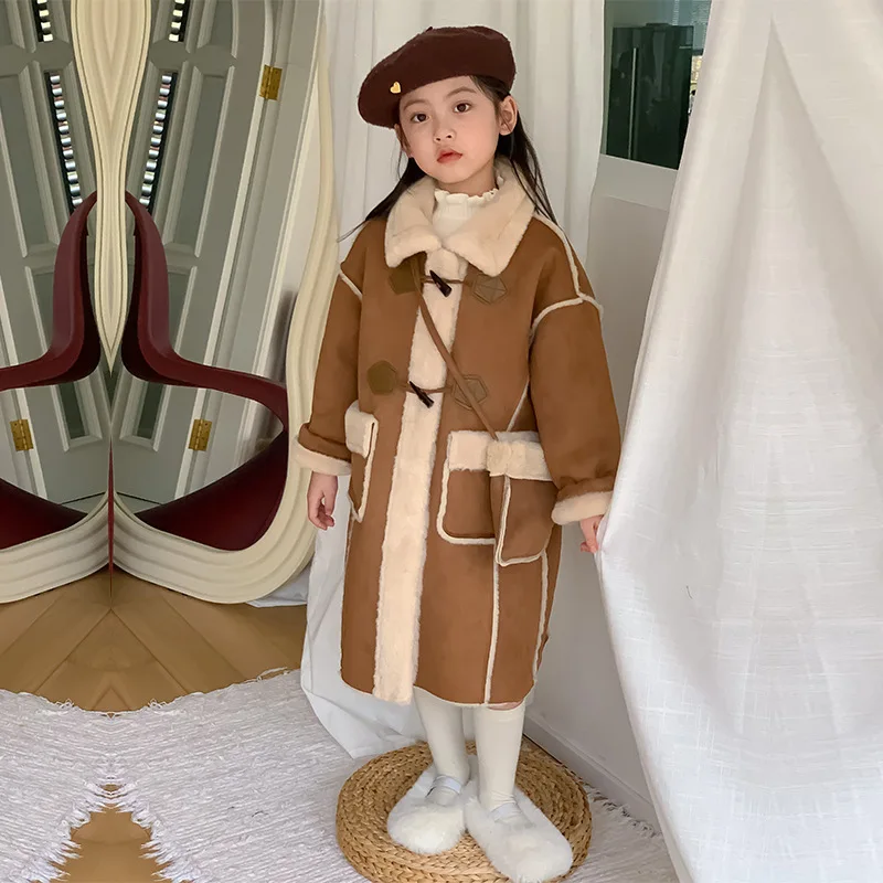 

Girls Woolen Coat Overcoat Jacket Windbreak 2024 Fuzzy Warm Plus Thicken Autumn Winter Cotton School Children's Clothing