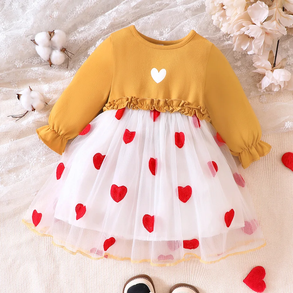 

Laura Kors 2023 New Winter New Arrivals Girls Dress Long Sleeve O Neck Ruffles Print Heart Yellow Sweet Baby Dress Vestidos 0-2T