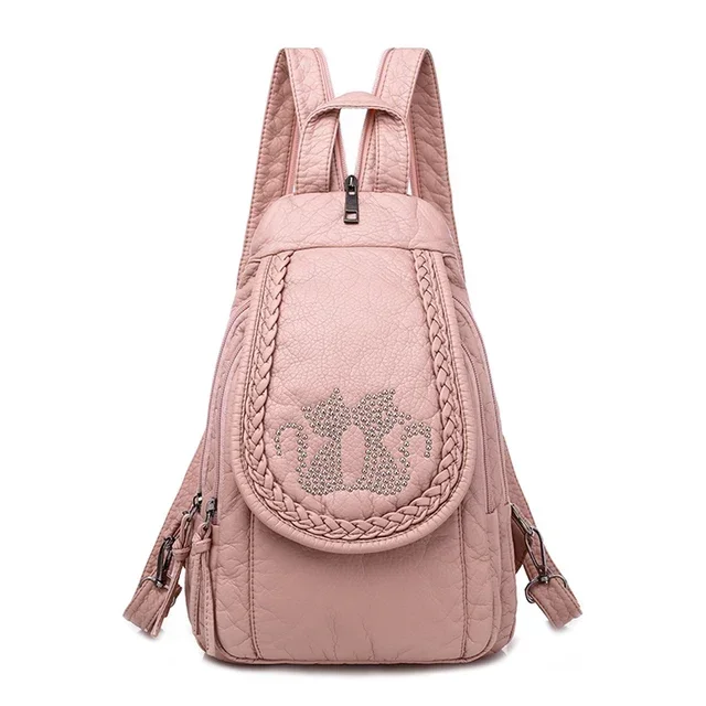 thumbnail image 1 of Mochila de cuero lavado de alta calidad para mujer, moderna mochila 3 en 1 con bordado, mochila de viaje informal para niñas, 1 of 5