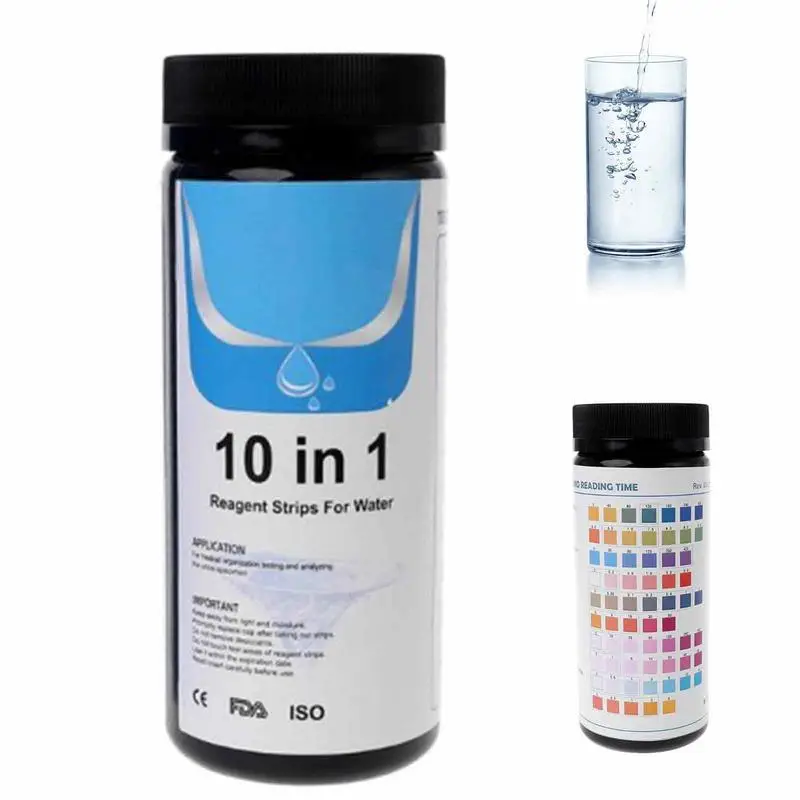 

Upgraded Version 100 Water Test Strip Reagent Strip 10 In 1 Water Analysis Total Alkalinity PH Hardness Nitrate Test Paper