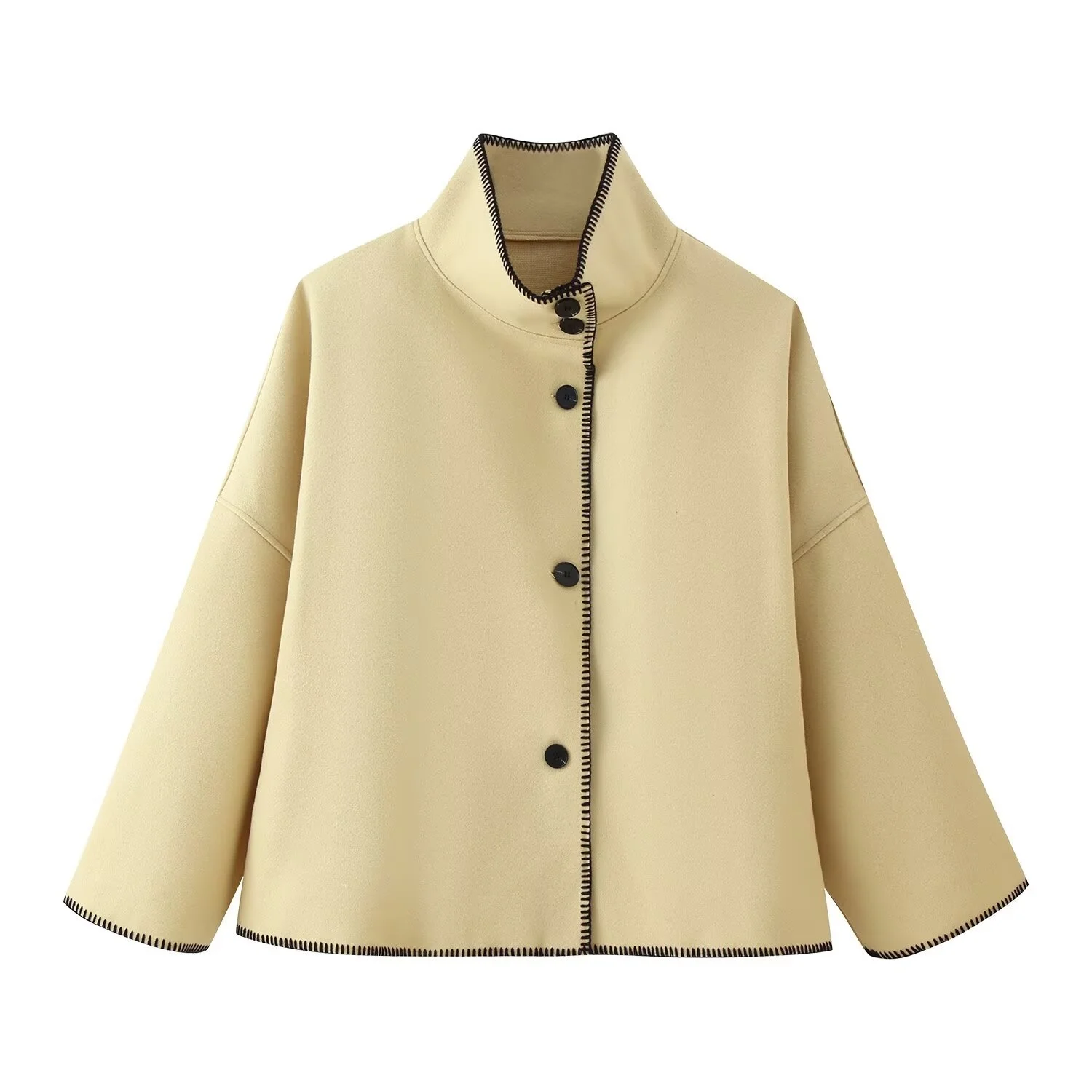 Women Loose Shoulder Sleeves Wool Coat Female Autumn Elegant High Neck Long Sleeve Button Jacket Lady Causal Overcoats Chic Tops