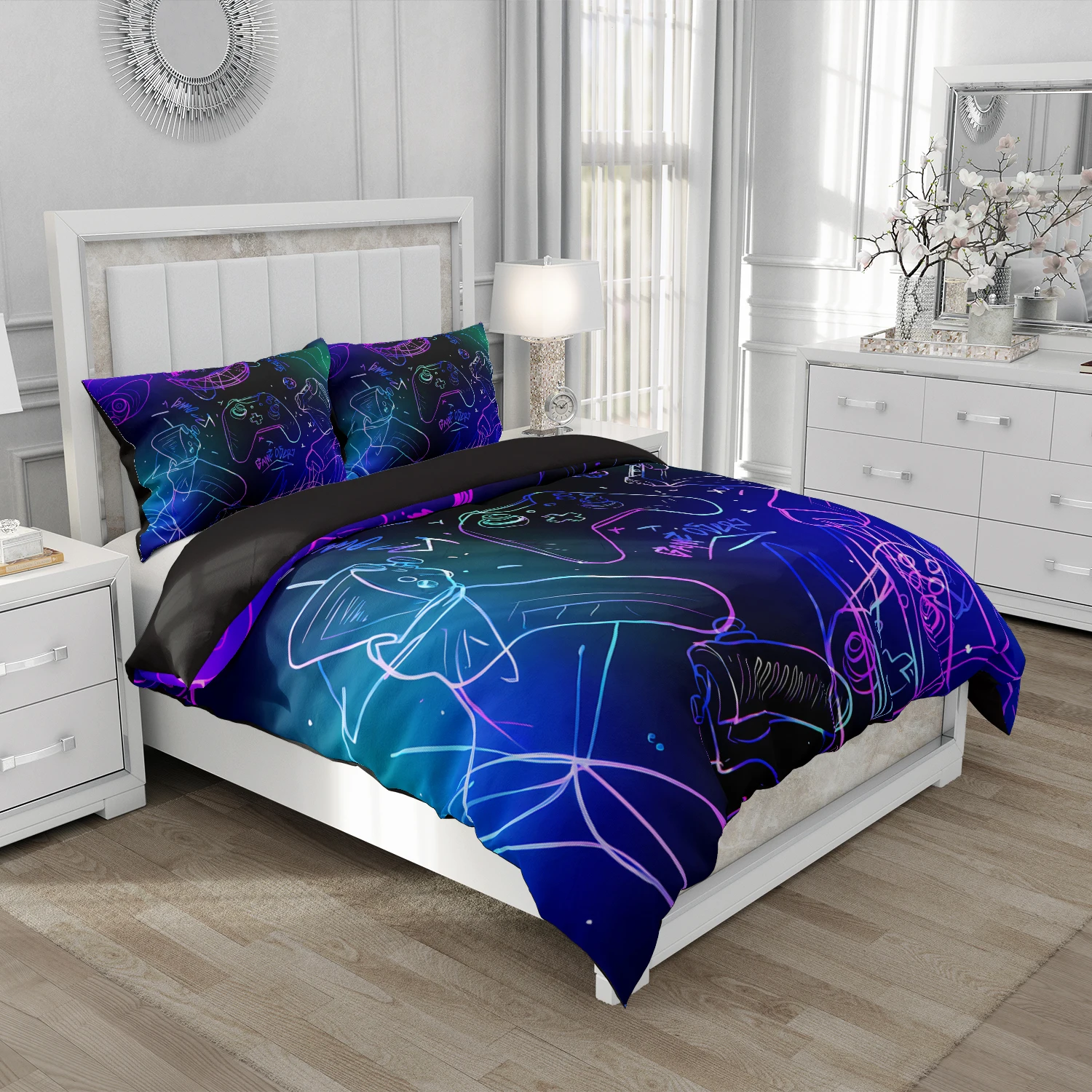 Gamer Bedding Set 2/3PCS - 3D HD Gamepad Printed Duvet Cover set 220x240, Black Quilt Cover for Youth, Holiday Gift & Dorm Decor 2