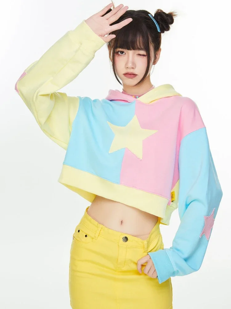 Deeptown Harajuku Kawaii Star Print Hoodies Women Vintage Kpop Patchwork Sweatshirts Grunge Oversized Casual Tops Y2K Streetwear