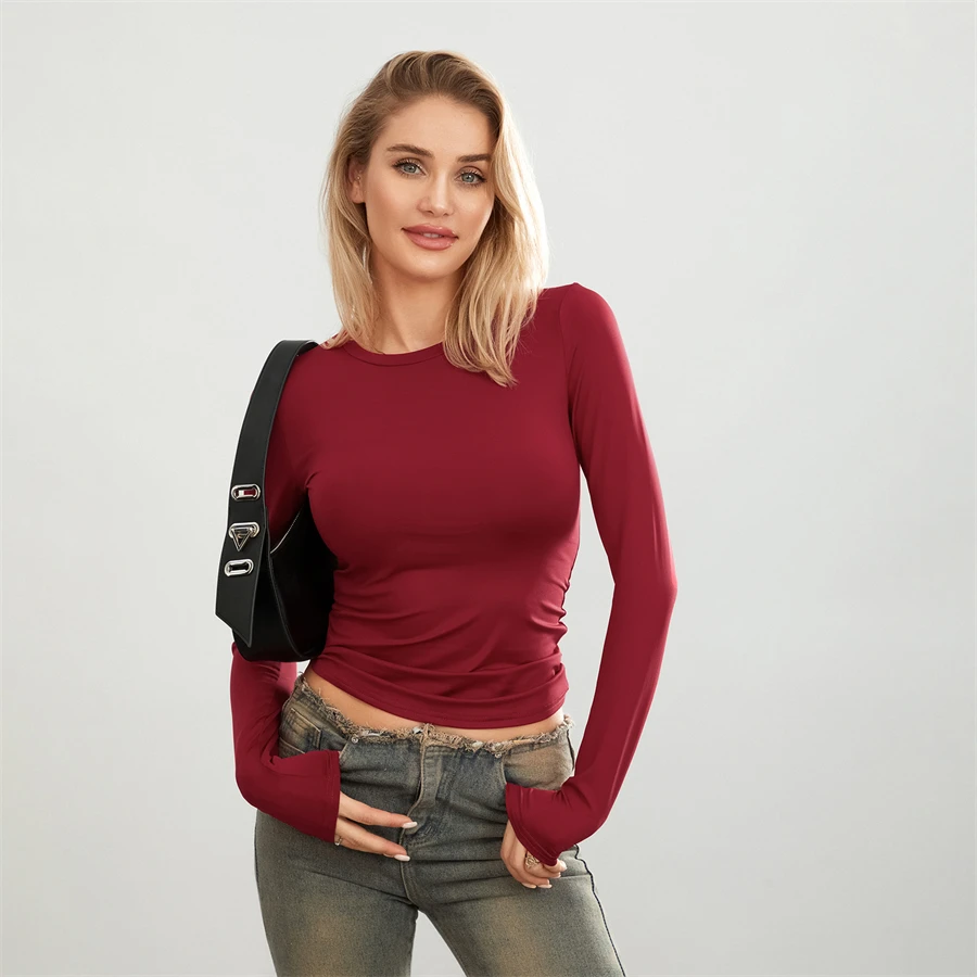 Camisetas básicas de Color liso para mujer, camisetas informales de manga larga, jerséis ajustados para otoño y primaver