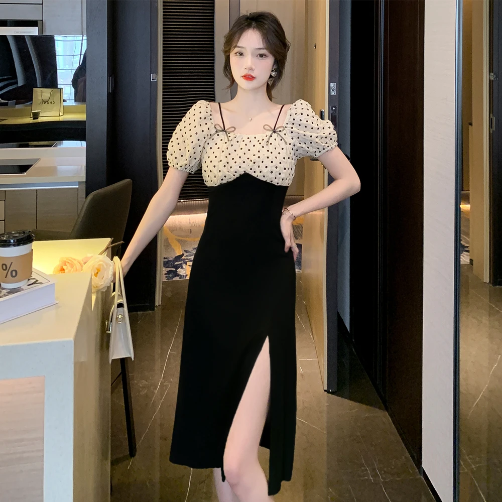 

Summer Dress Women 2022 New French Retro Polka Dot Bow Stitching Suspender Puff Sleeves Slit Mid-length Black Dress Female