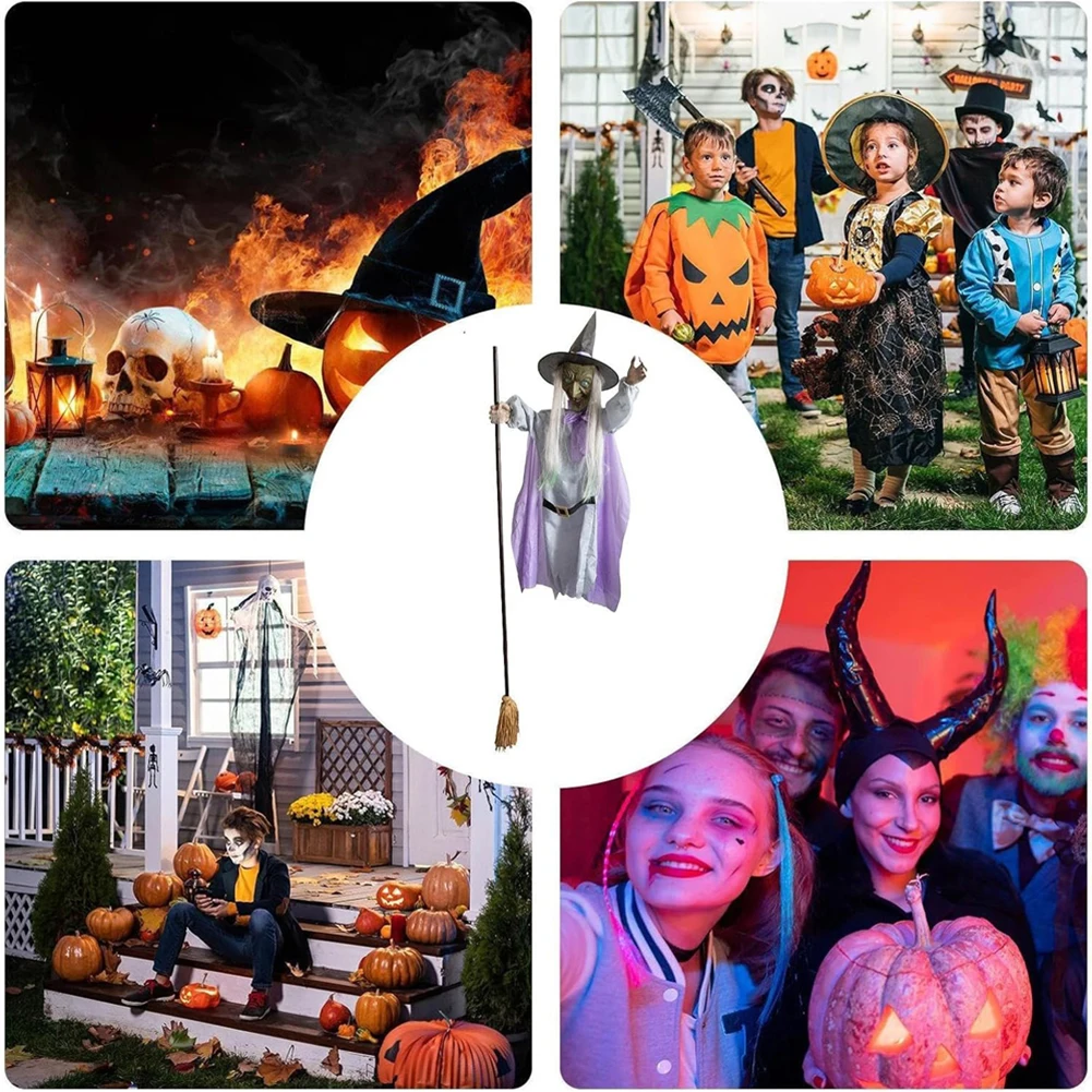 Halloween 180cm Flying Witch Decor Hovering Flying Witch Decorations with Scary Sound Halloween Props Horror Themed Scary Props