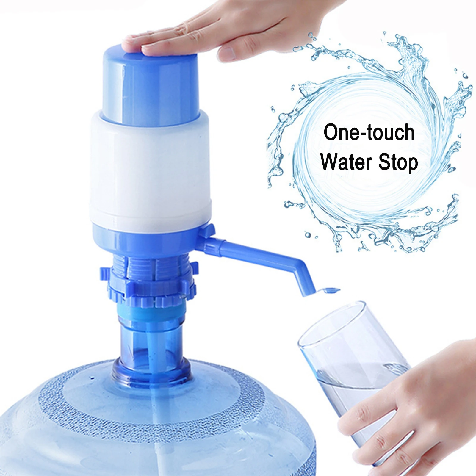 

Manual Water Pump Bottles Blue Hand Pressure Water Dispenser Secure Fit on Crown Top Jugs Protective Spout Cap Cleaning Brush