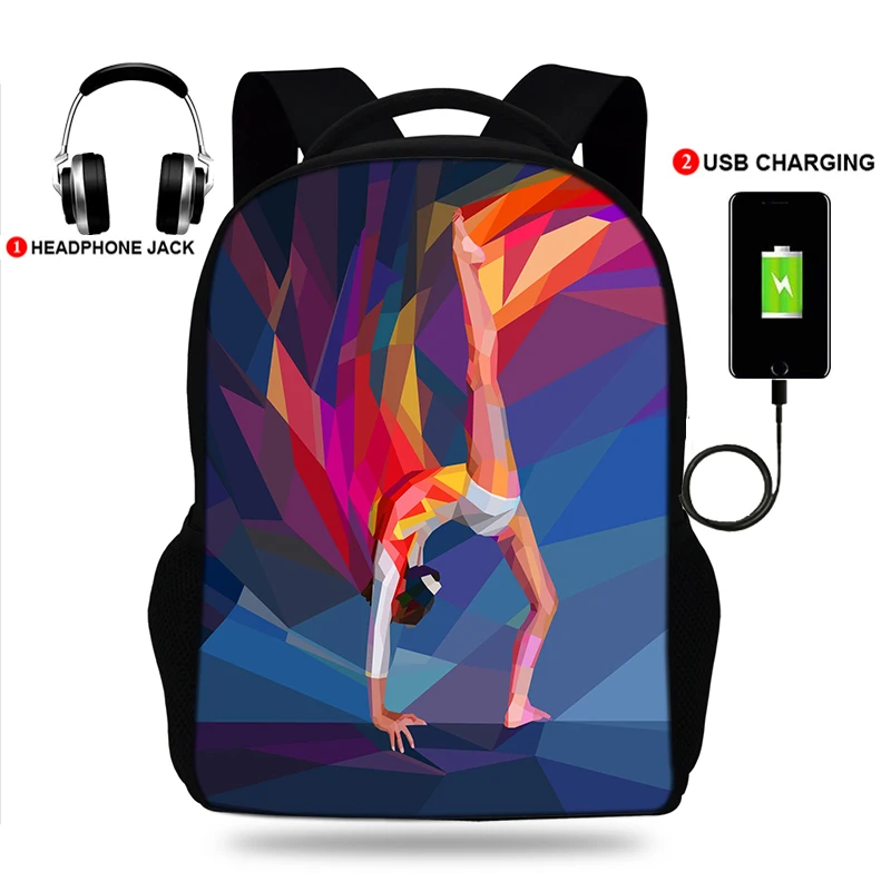 

Watercolor Gymnastics Print backpack USB Teenagers Schoolbags Women Bagpack Canvas Student Backpack For Girls bag
