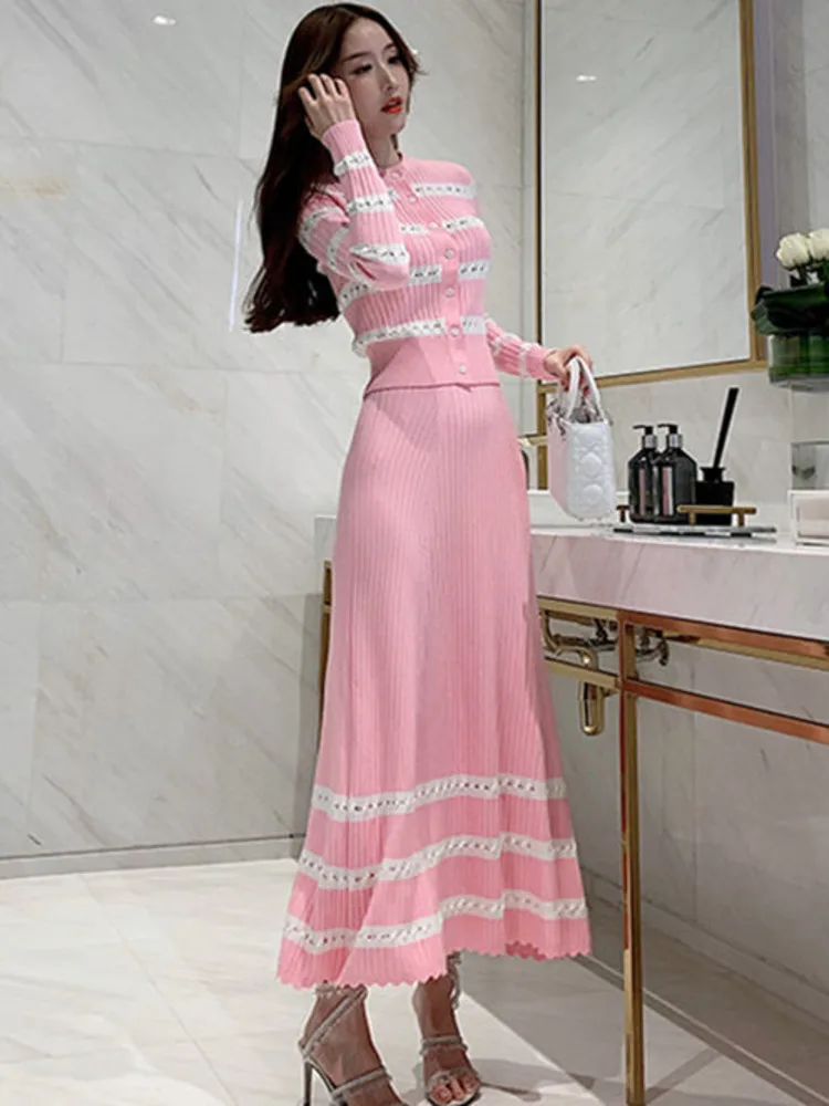 New-Korean-Fashion-Casual-Striped-Knitted-2-Piece-Set-Women-Sweater ...