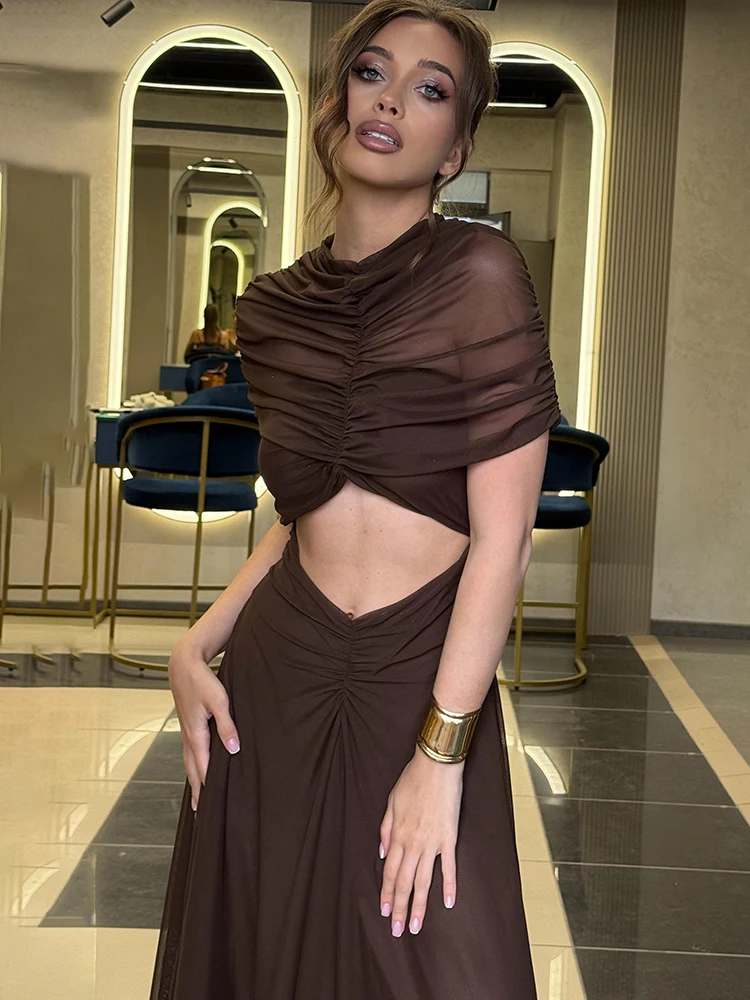 Mozision Hollow Out Short Sleeve Sexy Maxi Dress Women Fashion O Neck Ruched High Waist Bodycon Club Party Long Dress Female 6