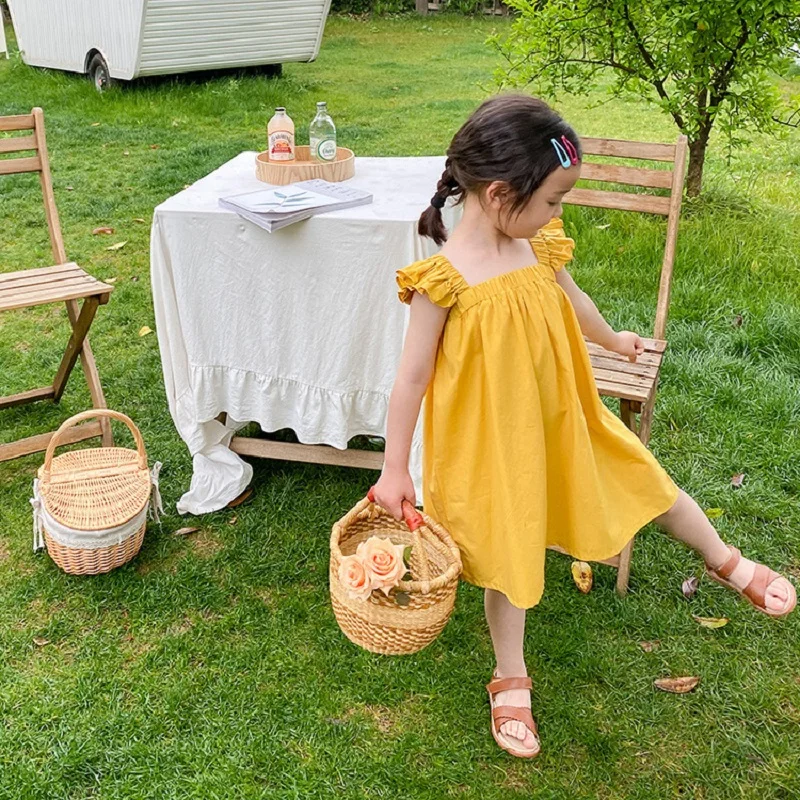 Korean Style Summer Girls Sweet Dress Yellow Flying Sleeve Cotton Baby