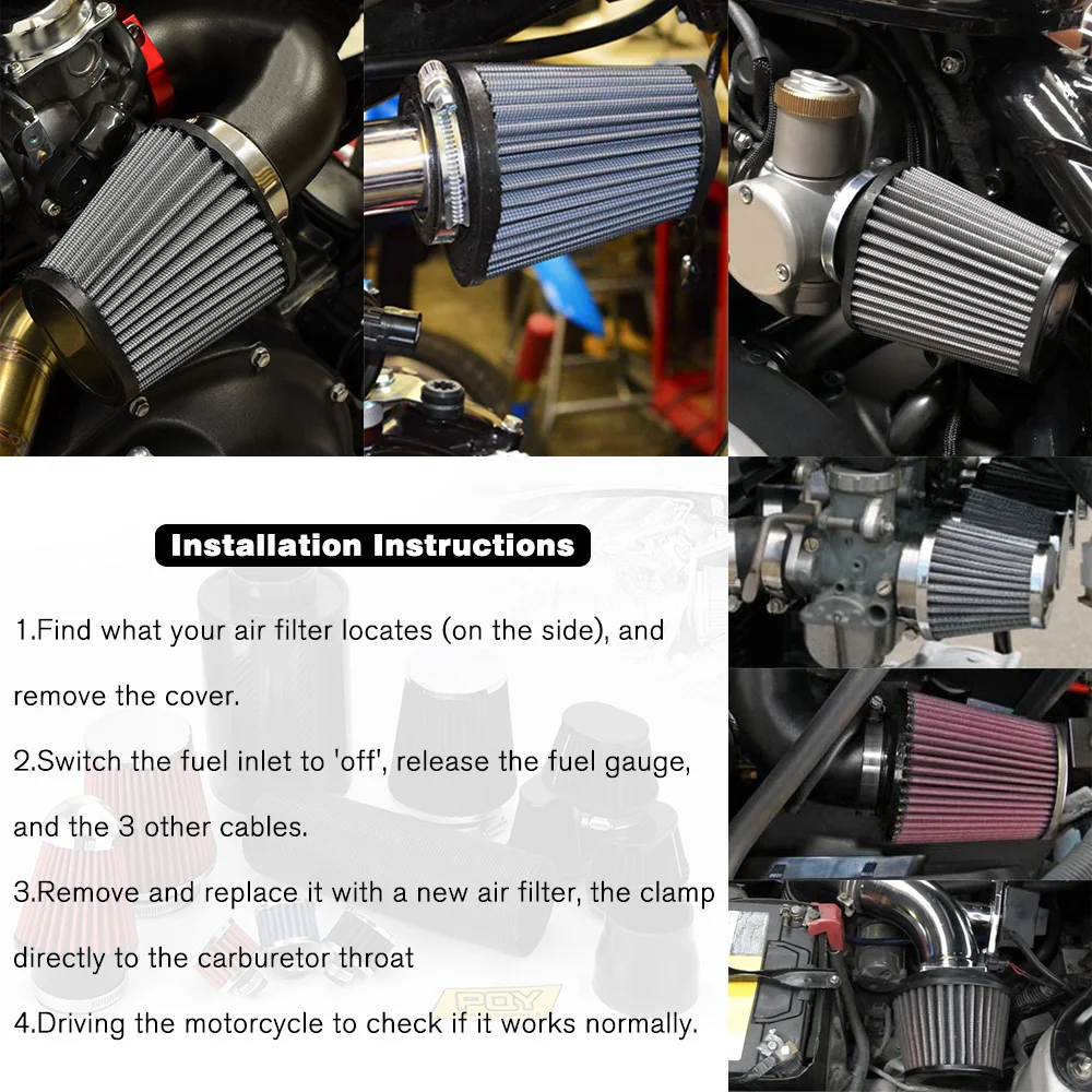 LIZHI- Motorcycle Air Filter 60mm 55mm 54mm 51mm 50mm Universal for Motor Car mini bike Cold Air Intake High Flow Cone Filter air filter motorcycle air filter air filter cleaner motocross air filter